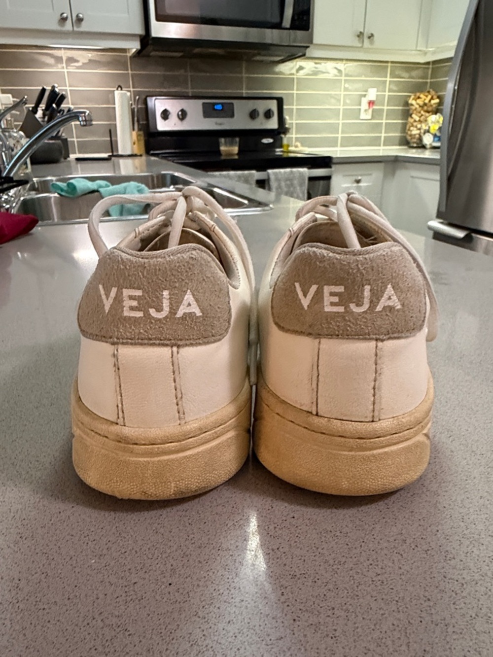 Veja Leather Sneakers in Off-White with Taupe V Logo - Picture 2 of 5
